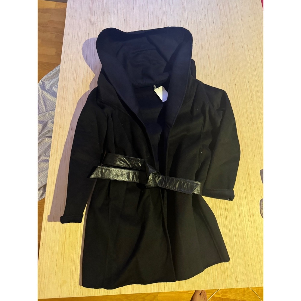 Lauren Ralph Lauren Black Wool Blend Hooded Wrap Coat Leather Belt 14 NWT 26
